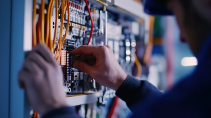Electrician testing a circuit board in a panel. Featuring focus and expertise