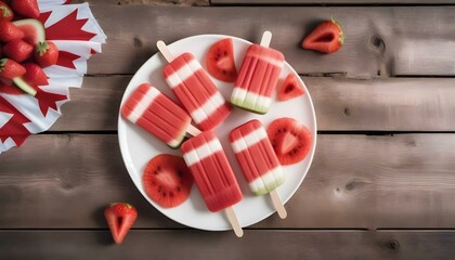 Watermelon pops topped with maple syrup, adorned with a Canadian flag, symbolizing Canada Day festivities and pride