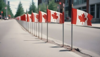 Festive Canada Day in the city, showcasing Canadian flags, red and white decor, and a vibrant maple leaf background