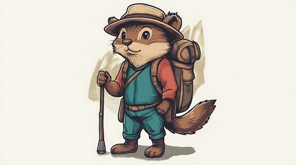 Fototapeta premium Cute cartoon squirrel hiker with backpack walking stick for a fun illustration of outdoor adventures concept.