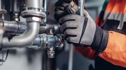 Fototapeta premium A construction worker inspecting plumbing systems. Featuring plumbing and inspection