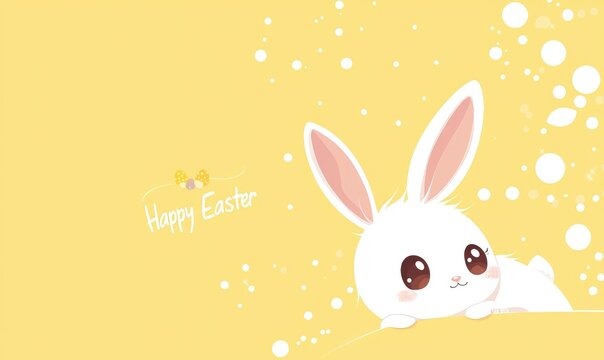Cute white cartoon bunny with big eyes on a yellow background with “Happy Easter” text and bubbles. Ideal for greeting cards, kids' designs, banners, and Easter-themed graphics