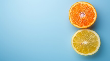 Vibrant citrus delight, two orange slices and a half lemon on cooling blue background