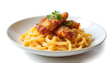 A plate of noodles prepared for eating, two chicken nuggets.