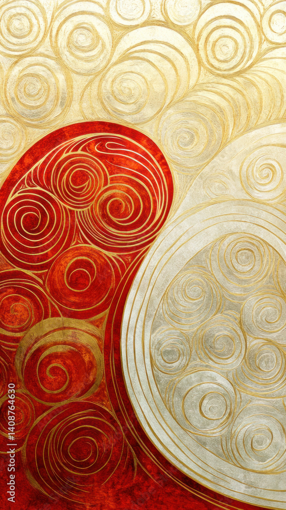 Poster a gold and white background with red circles on it. the circles are arranged in a way that creates a