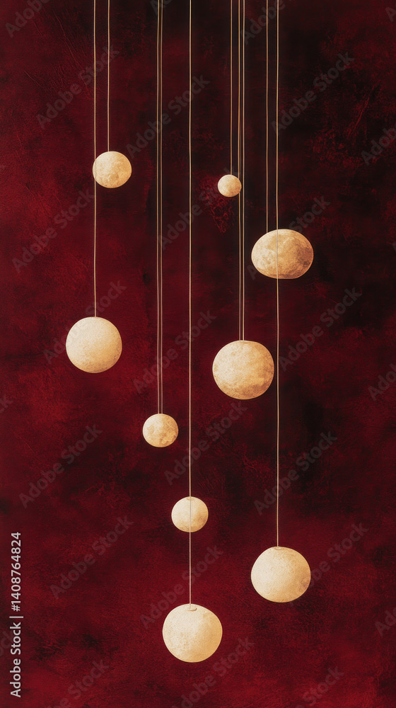 Poster a red background with a series of hanging balls. the balls are of different sizes and are suspended 