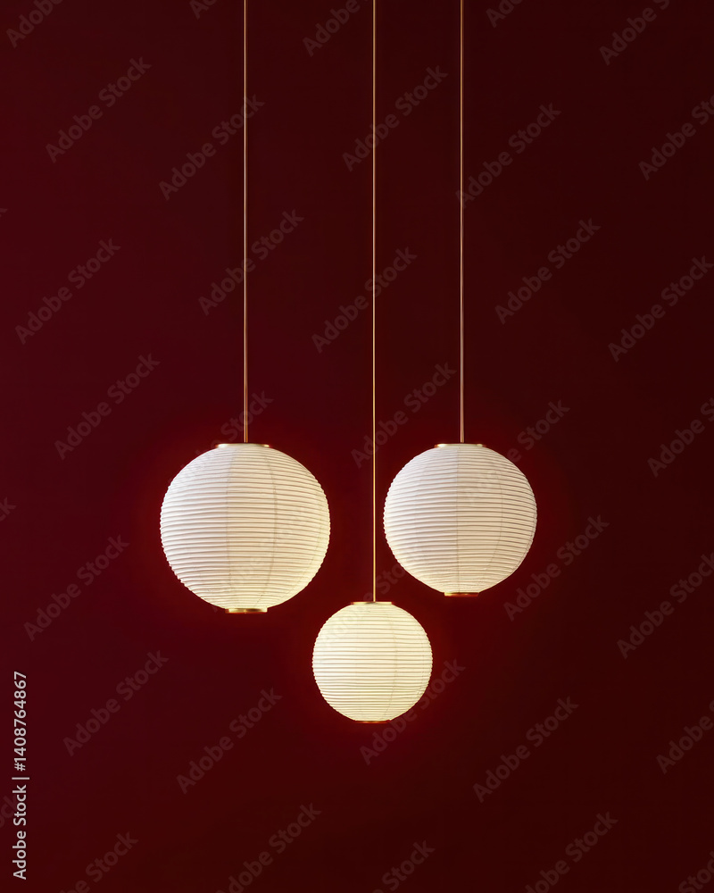 Poster three white paper lanterns hanging from the ceiling. the lanterns are hanging from three different s