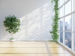 A modern minimalist interior room with plants and cityscape view