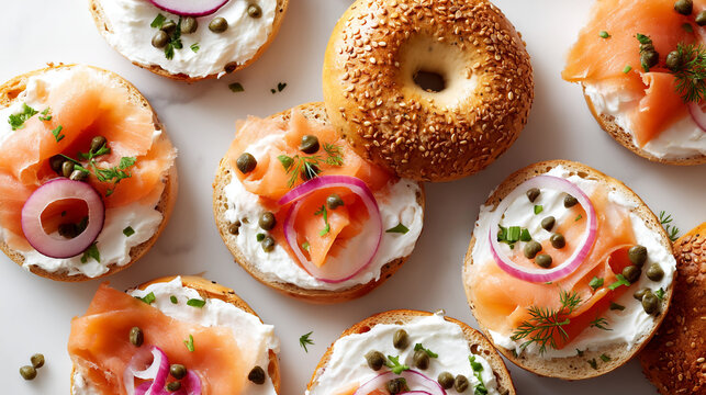 Delicious lox bagels with cream cheese red onion and capers for breakfast or brunch recipe idea