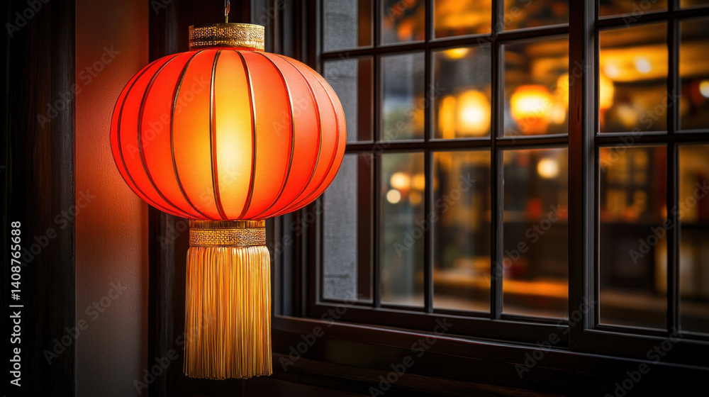 Poster a red lantern with gold trim hangs from a window. the lantern is lit up, creating a warm and invitin