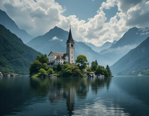 Scenic Island Church Reflected in Calm Lake with Mountain Backdrop