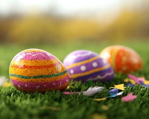 Three decorated eggs rest on green grass with colorful accents