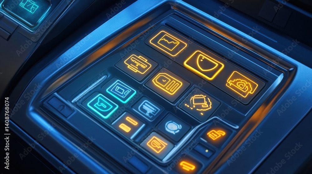 Poster futuristic user interface with glowing interactive display buttons shown