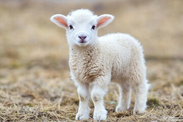 Fototapeta premium A Fluffy White Lamb Standing In A Grassy Field Smiling