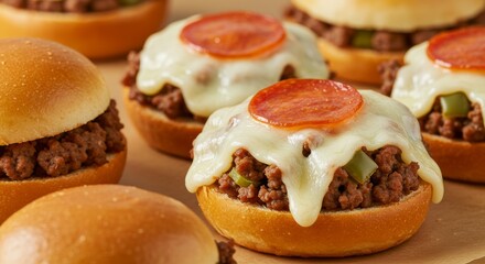 Delicious mini pizza buns topped with beef, cheese and pepperoni close up
