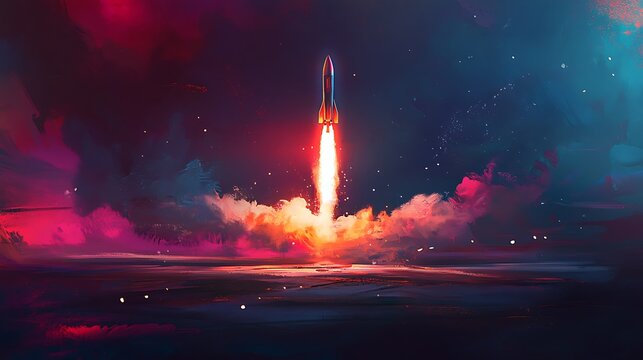 Digital painting of a rocket blasting off with neon light effects and a startup concept vibe
