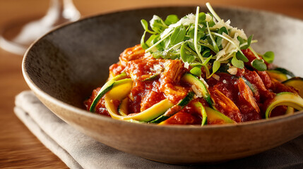 Zucchini noodles with tomato sauce and microgreens healthy vegan pasta alternative recipe food photography