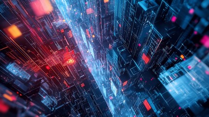 Fototapeta premium Futuristic interconnected digital city grid with luminous data streams