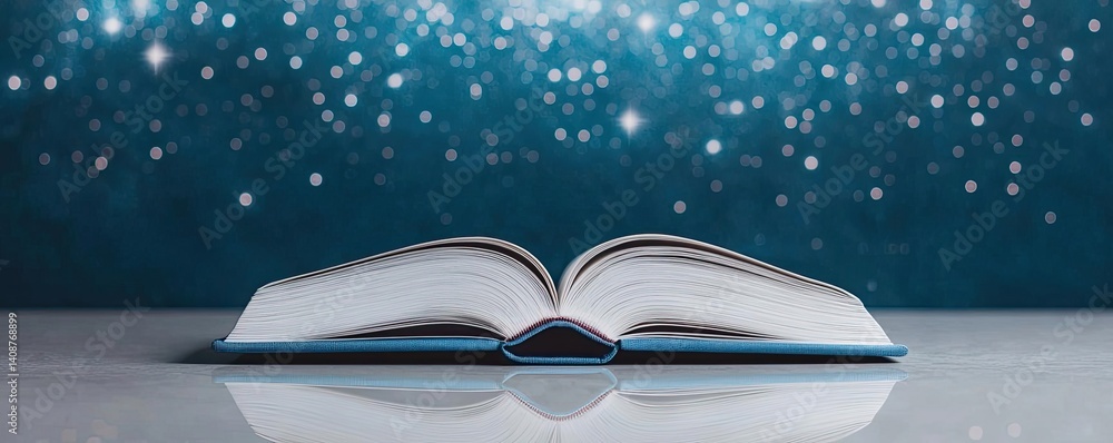 Poster open book under starry sky with galaxy and cognition concept. an open book against a blurred starry 