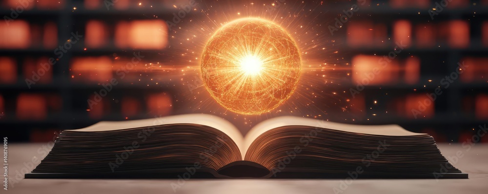 Aufkleber Open book under starry sky symbolizing learning and cognition concept. An open book with a glowing orb representing knowledge and discovery.