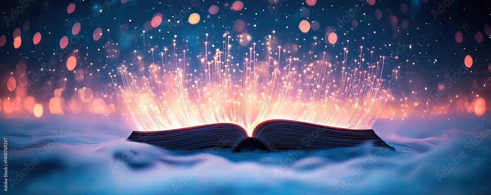 Poster open book under starry sky symbolizing learning and cognition concept. an open book emits magical li
