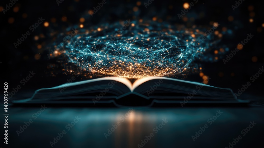 Aufkleber Open book under starry sky symbolizing learning and cognition concept. An open book with glowing particles illustrating knowledge.