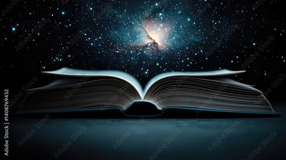 Poster open book under starry sky symbolizing learning and cognition concept. an open book revealing a cosm
