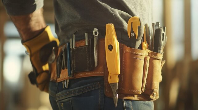 A construction worker handling construction tools in a tool belt. Featuring practicality and readiness