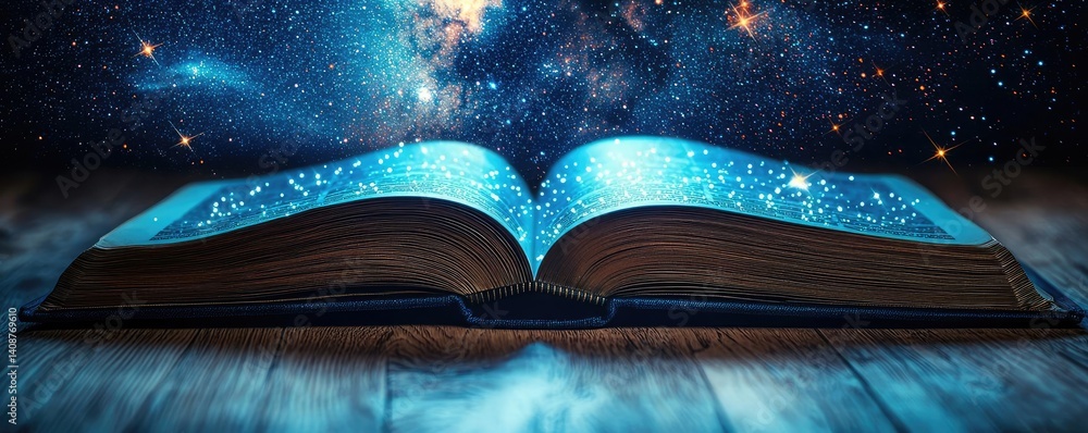 Poster Open book under starry sky symbolizing learning and cognition concept. An open book revealing a universe of stars and galaxies.