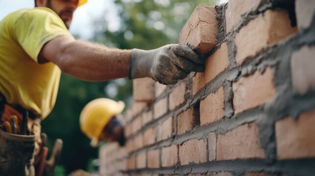 A construction worker inspecting a brick wall under construction. Featuring focus and evaluation