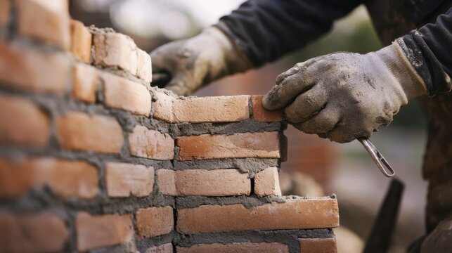 A construction worker inspecting a brick wall under construction. Featuring focus and evaluation
