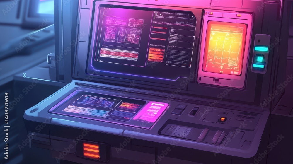 Poster modern futuristic control panel interface with glowing displays and buttons