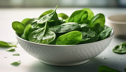 Obraz premium Fresh Spinach in a Bowl: A captivating close-up of fresh, vibrant spinach leaves gracefully arranged in a white bowl, symbolizing health, wellness, and the beauty of nature's bounty. 