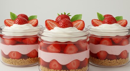 Luscious strawberry mason jar desserts showcased in a captivating, close-up arrangement