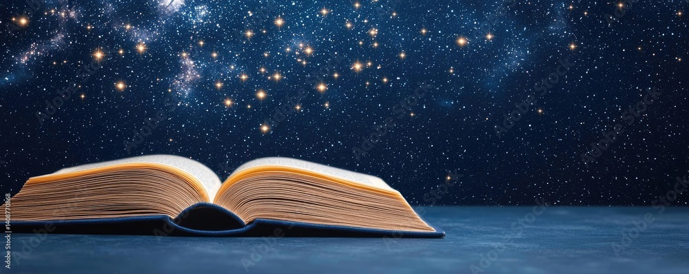 Poster Open book under starry sky with galaxy and cognition concept. An open book against a starry sky, blending knowledge and wonder.