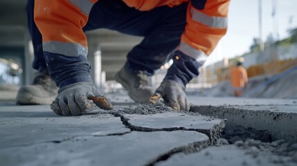 A construction worker inspecting a concrete foundation for cracks. Featuring attention to detail and expertise