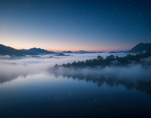 Fototapeta premium Lake and Fog at Early Morning with Stars Reflection