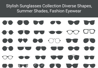 Silhouette Sunglasses Collection Stylish Shades, Summer Fashion Eyewear, Various Shapes and Sizes of Sunglass Vector Illustration