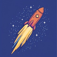 A colorful rocket blasting off into space, surrounded by stars against a deep blue background.