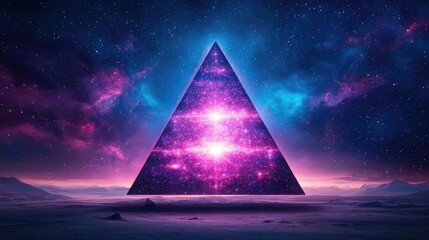 Open book under starry sky with galaxy and cognition concept. A vibrant cosmic pyramid surrounded by colorful nebulae.