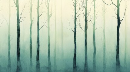 Foggy teal forest of bare trees.