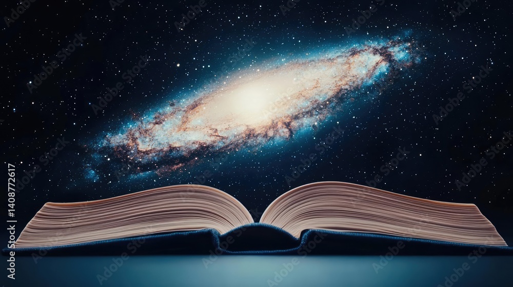 Poster open book under starry sky expanding cognition of space concept. an open book reveals the vastness o