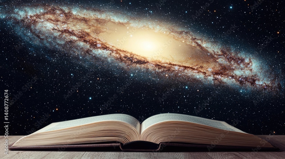 Aufkleber open book under starry sky expanding cognition of space concept. an open book reveals a galaxy, merg