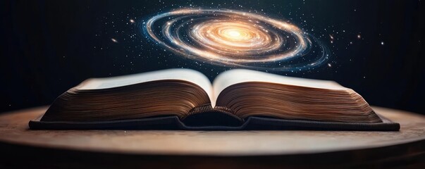 Open book under starry sky expanding cognition of space concept. An open book with a galaxy above, symbolizing knowledge and wonder.