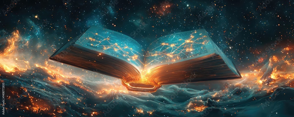 Poster Open book under starry sky symbolizing learning and cognition concept. A mystical book floating in space surrounded by cosmic elements.