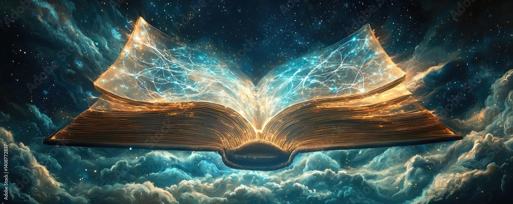 Poster open book under starry sky symbolizing learning and cognition concept. an open book surrounded by my