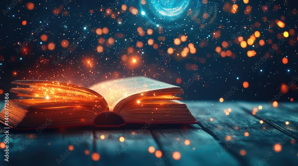 Poster open book under starry sky expanding cognition of space concept. an open book emitting magical spark