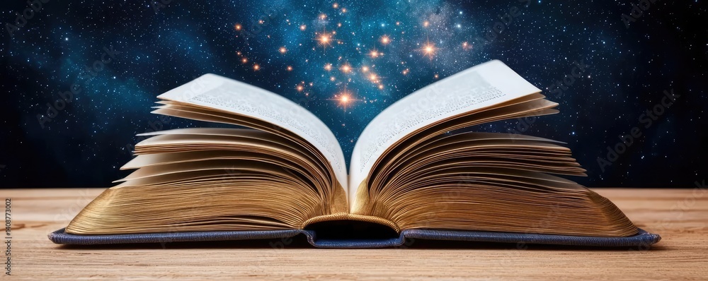 Poster Open book under starry sky symbolizing learning and cognition concept. An open book with a starry night background illustrating knowledge.