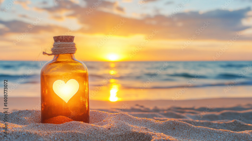Poster a bottle with a heart on it is sitting on the sand at the beach. the sun is setting, casting a warm 