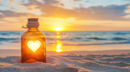 Obraz premium A bottle with a heart on it is sitting on the sand at the beach. The sun is setting, casting a warm glow on the scene. The bottle is the only object in the image